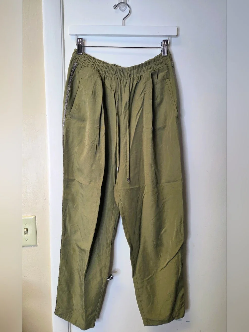 ZARA Green Jogger Pants High Rise Elastic Waist Cropped Embellished Stripe M